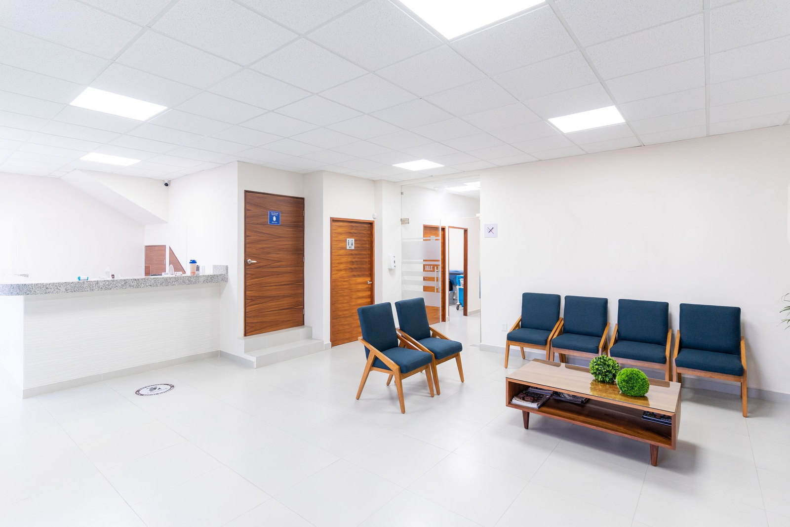 An empty clinic waiting area, reception counter along one wall and a row of blue chairs opposite
